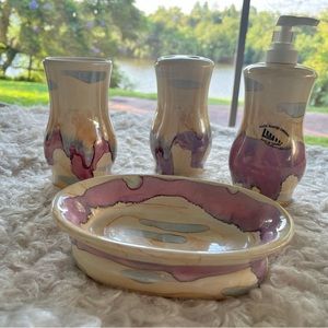 ARC. Hand painted Bathroom soap dish, holder, liquid soap dispenser & vase/cup.